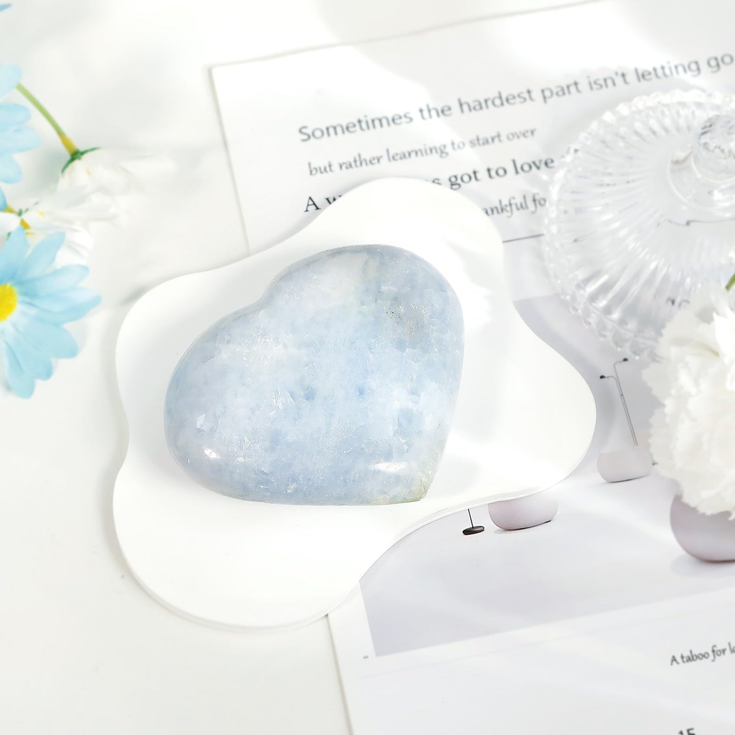 dssmboom Natural Blue Celestite Crystal Heart Ornament for Desktop Display and Collection, Polished Love Heart Celestite Stone Meditation Home Decoration, 4.37"-4.72"