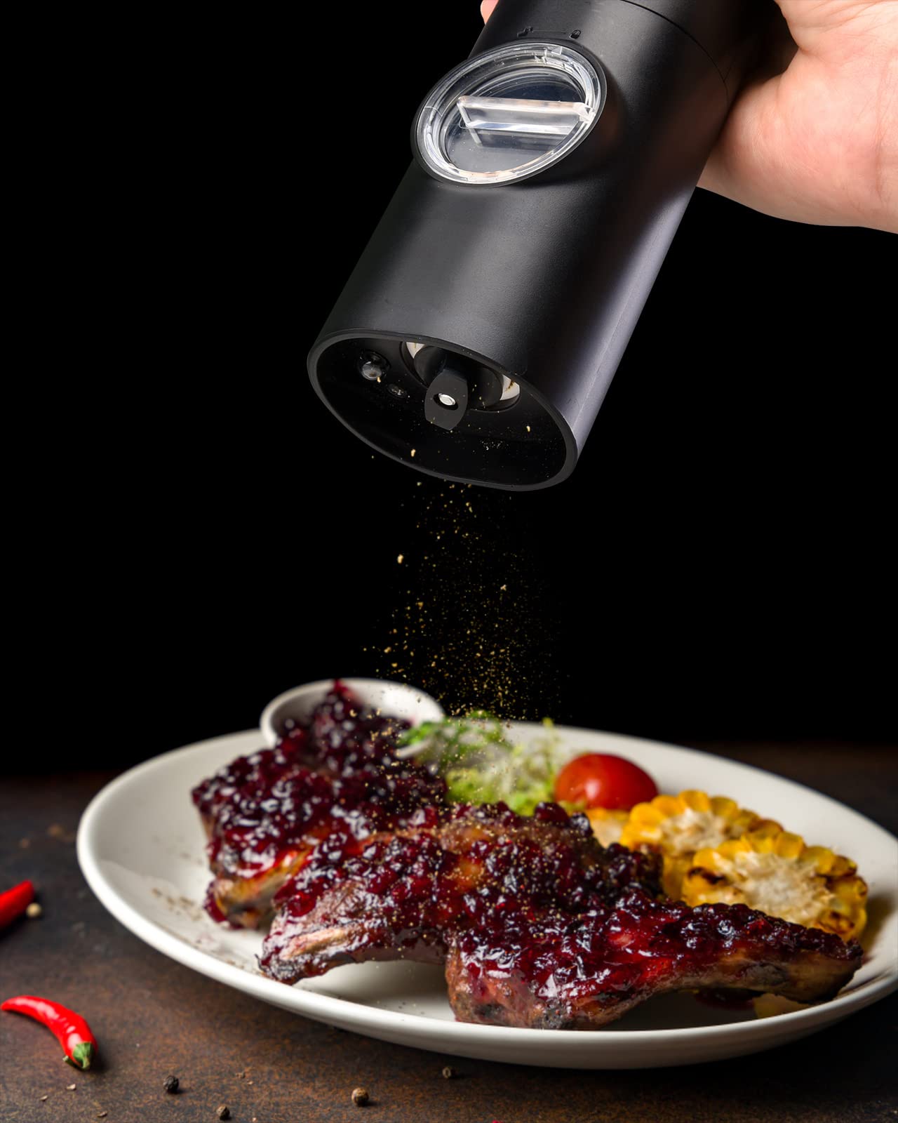 COKUNST Electric Pepper and Salt Grinder Set, Battery Powered Adjustable 5 Levels of Coarseness Black Pepper Mills with Stand, Automatic Grinding with LED Light for BBQ Resturant Kitchen