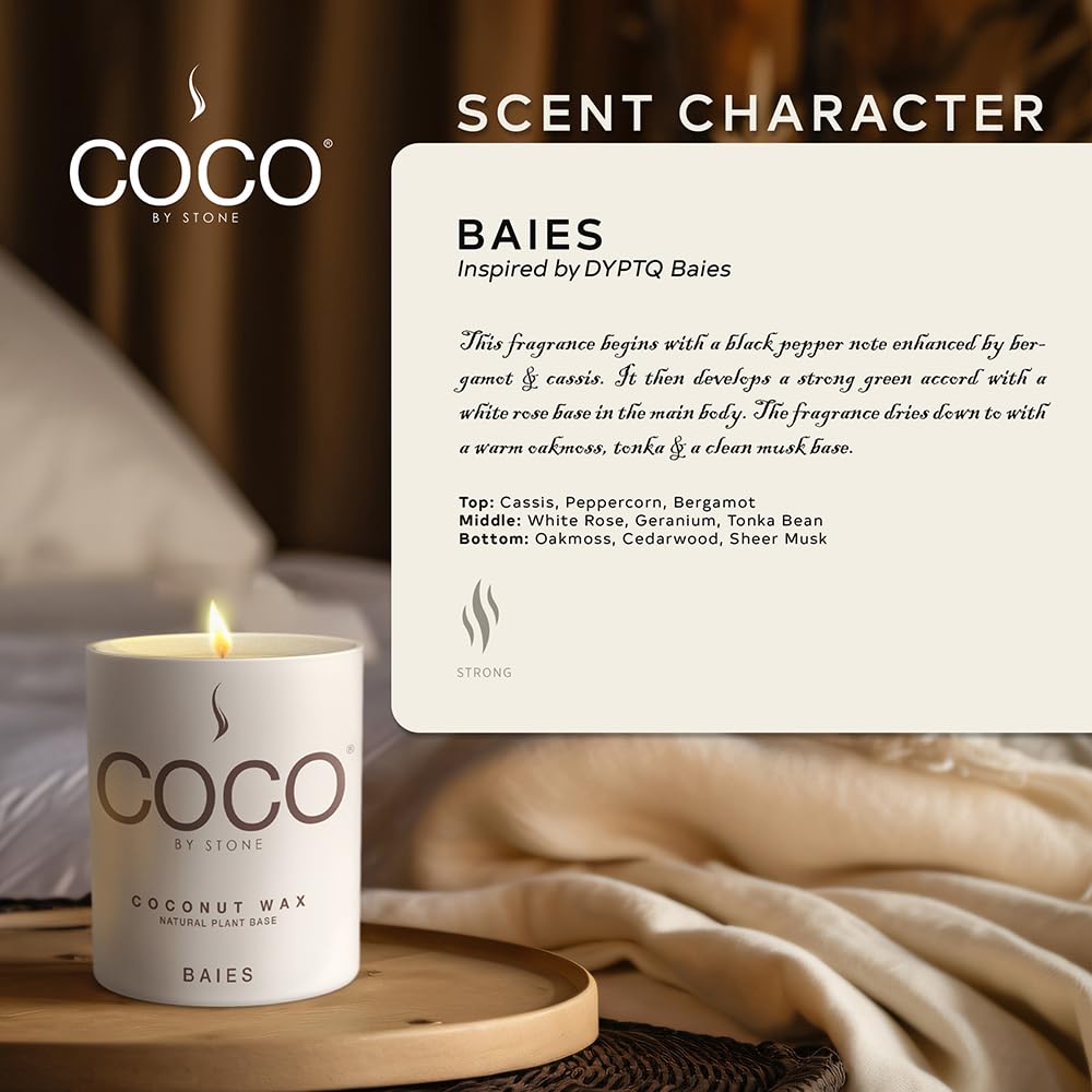 COCO by Stone 11oz Candle, Coconut Apricot Wax Candle for Home (Baies) Home Fragrance Products, 1 Wick Candle, Enhance Indoor Aroma, Vegan & Cruelty-Free, Clean Burning and Hand Poured Candle