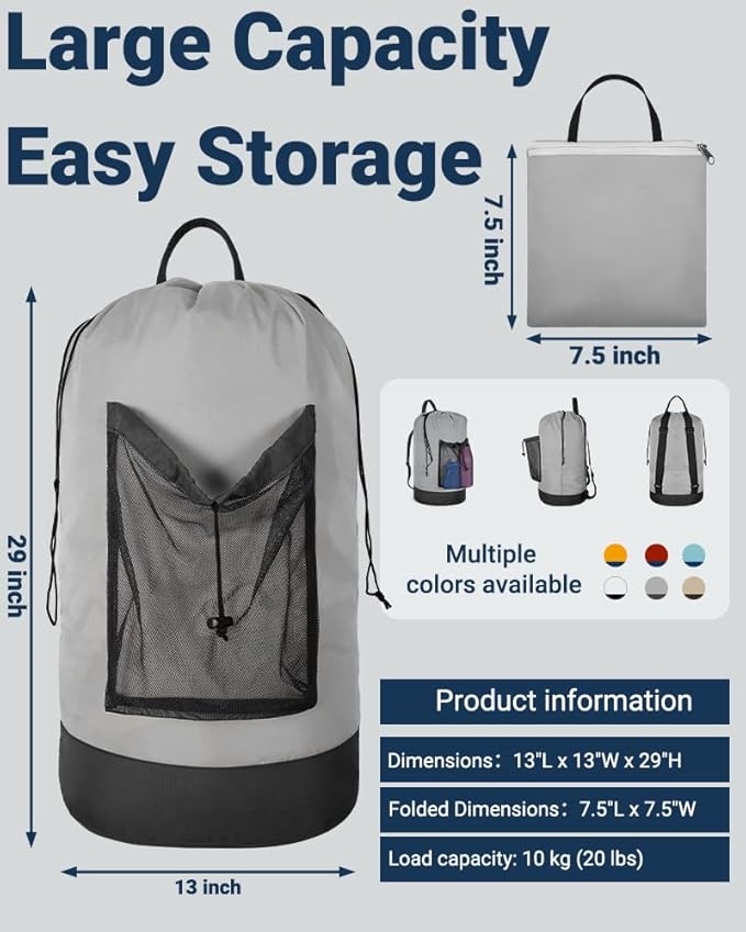 Laundry Bag with Shoulder Straps and Mesh Pocket Laundry Backpack Large