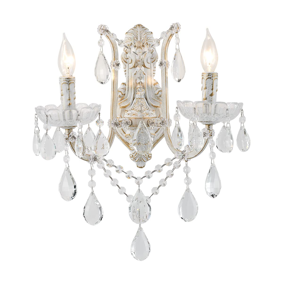 YLONG-ZS French Country Crystal Wall Sconce, 2-Light Distressed White Gold Candle Style with Teardrop Crystals, Hardwired Indoor Decor for Bedroom Bathroom Vanity, E12 Base