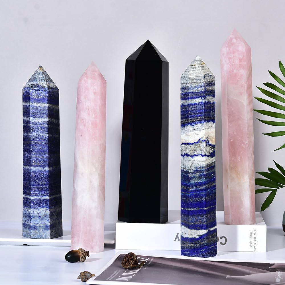 MOGEMT Large Rose Quartz Crystal Tower Natural Healing Crystal Point Wand Obelisk 6 Faceted Reiki Chakra Meditation Therapy Home Decor Gift 10-12 inch