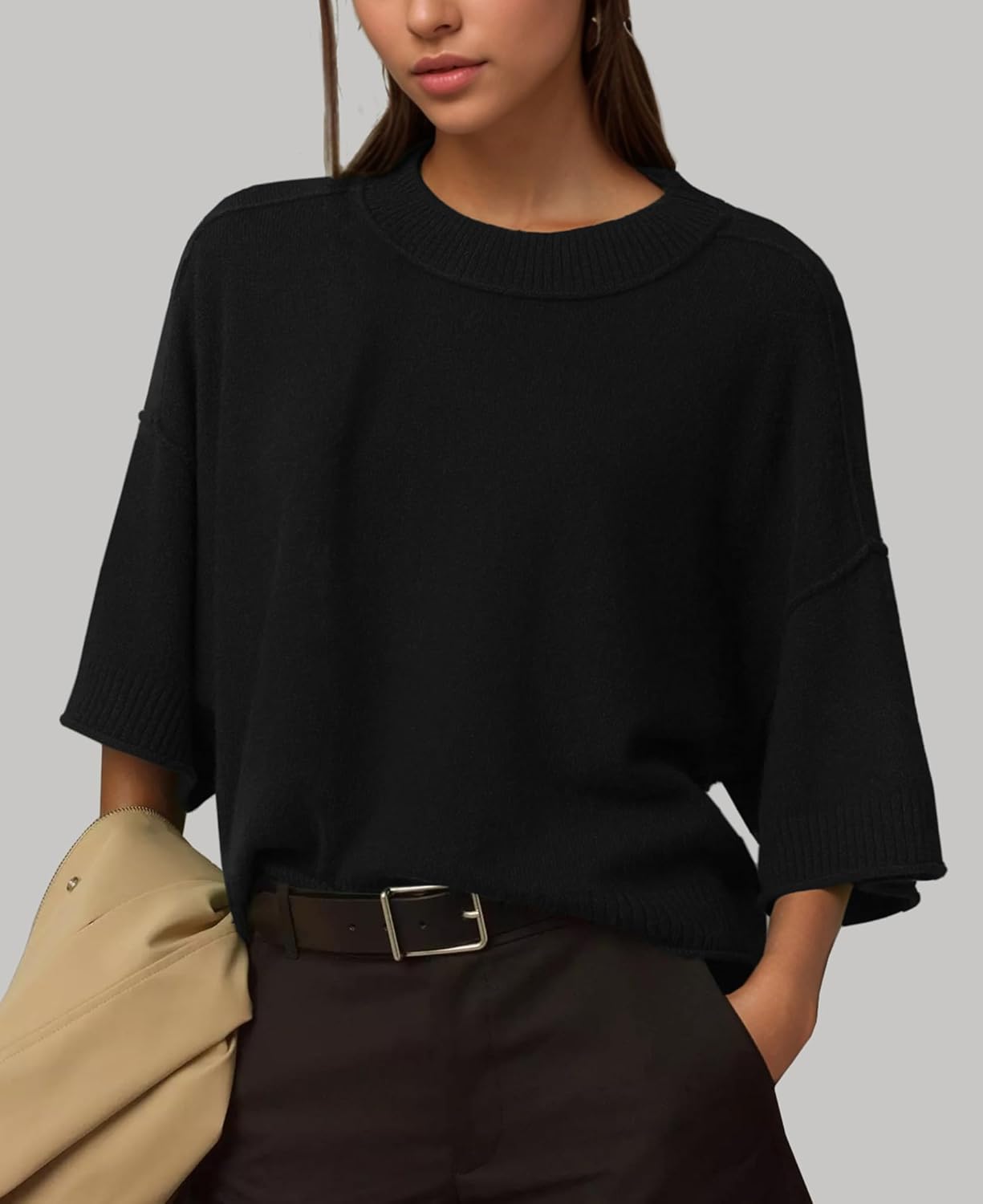 ZDC Women's Oversized Sweaters Summer 3/4 Sleeve Casual Cropped Tops Lightweight Loose Fit Knit Pullover