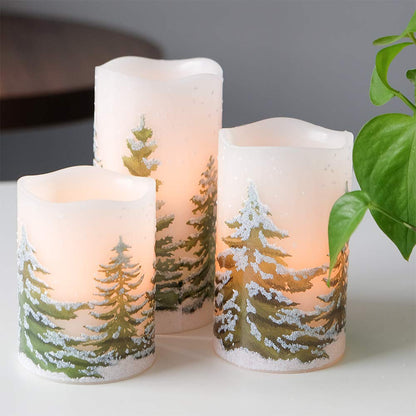 DRomance Christmas Flameless Candles with 6 Hour Timer, 3 Pack Real Wax LED Pillar Candles Warm Light Flickering Holiday Decor(Green Christmas Tree, 3 x 4,5,6 Inches)