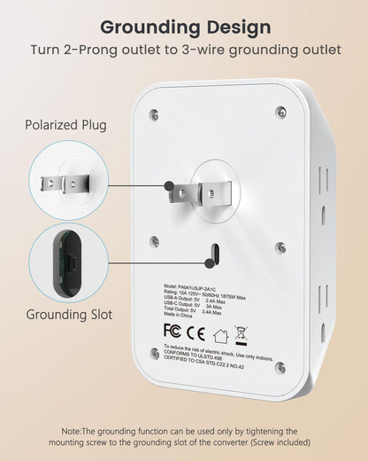 LENCENT 2 Prong Power Strip, 3 to 2 Prong Grounding Outlet Adapter 6 Outlet 1 Type C&2 USB 3.4A, Polarized Plug, 1728J Surge Protector, 3-Sided Wide Spaced Extender,Wall Mount for Non-Grounded Outlet