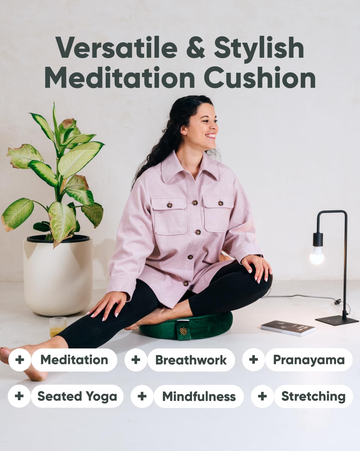 Mindful & Modern Velvet Meditation Cushion | Luxe Zafu Yoga Floor Pillow Seat | Posture Support | Buckwheat Hull Filled | Large Round Cushion with Removable Washable Cover + Carry Handle | Color Green
