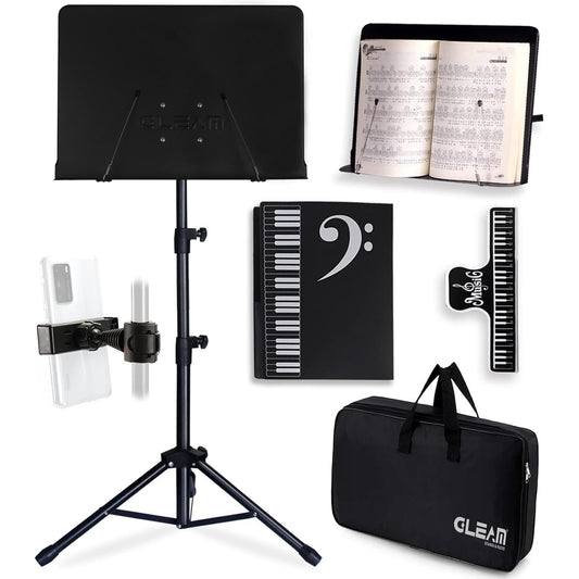 GLEAM Sheet Music Stand - Full Metal with Carrying Bag, Phone Holder, Sheet Music Folder and Clip, 5 in 1 Desktop Book Stand