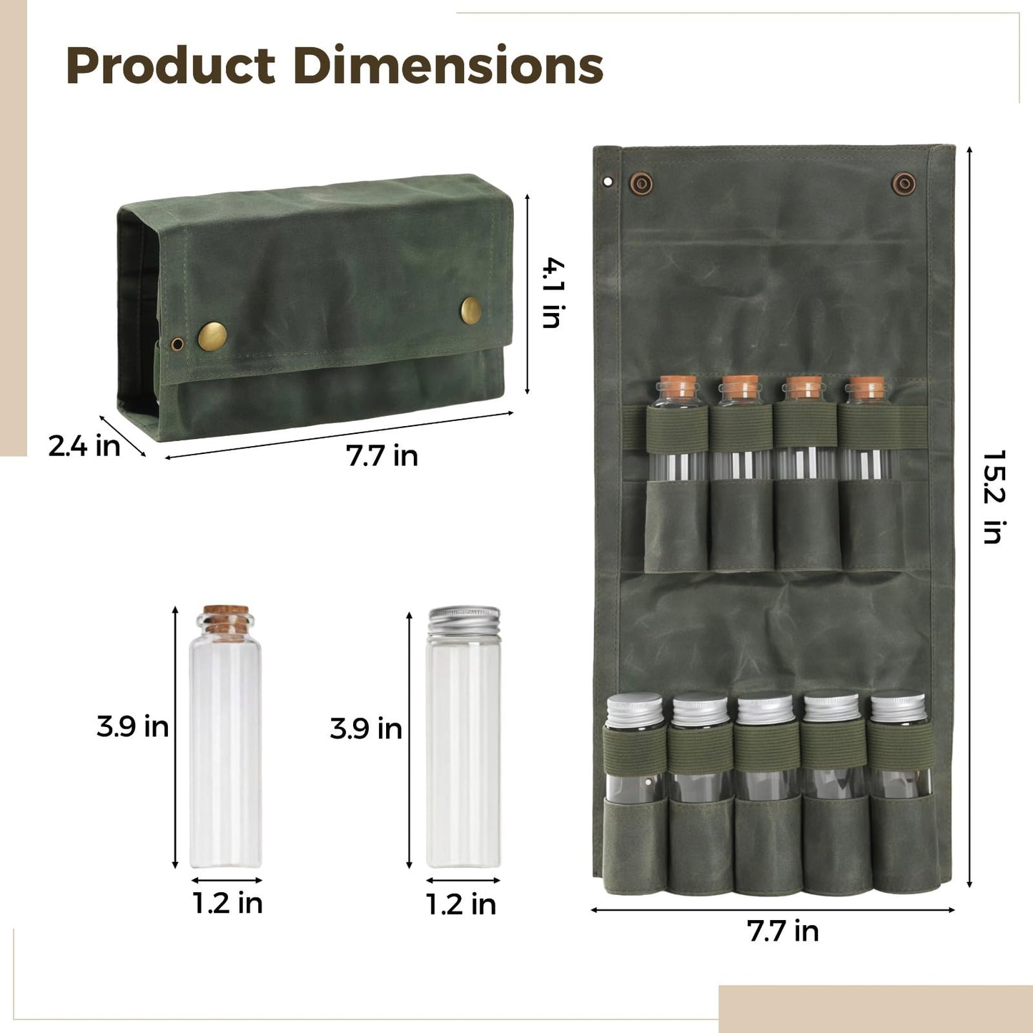 Calolin Camping Spice Kit, Portable Spice Bag for Travel, Including 9 Glass Seasoning Containers, Wear-Resistant Waxed Canvas, Foldable Design, Suitable for Outdoor Cooking