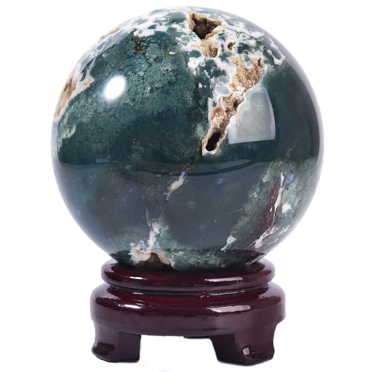 MOGEMT Large Moss Agate Crystal Sphere Natural Healing Crystal Ball with Stand Meditation Decorative Balls Home Decor 100-110mm/3.9-4.3"