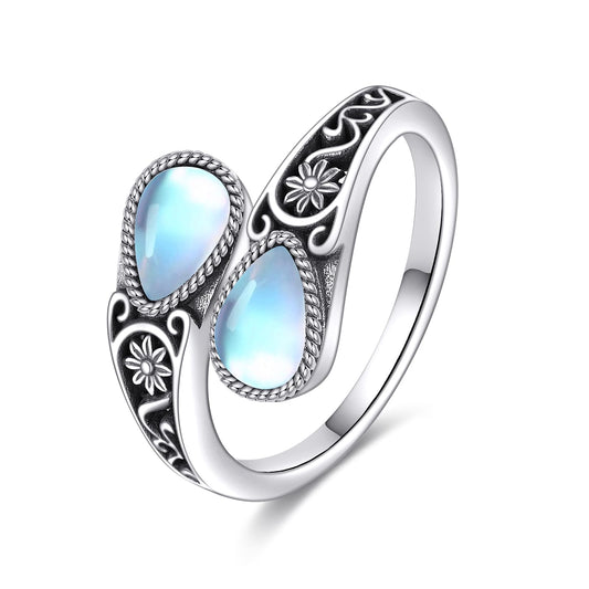 POPLYKE Sterling Silver Moonstone Filigree Spoon Ring Vintage Thumb Rings Boho Adjustable Open Ring Statement Jewelry Gifts for Women