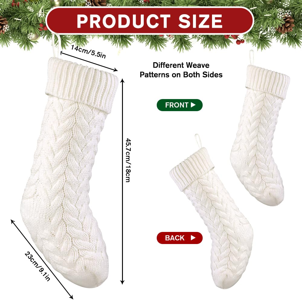 Teeanzo 4Pack 18 Inches Christmas Knitted Hanging Stockings,Xmas White Large Farmhouse Rustic Neutral Cable Knit Personal Stockings Decorations for Christmas Tree Fireplace Family Holiday Party Decor
