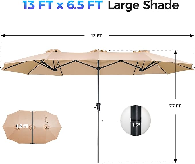 SUPERJARE 13FT Outdoor Umbrella for Patio, Double sided Pool Umbrellas with Fade Resistant Canopy, Large Table Umbrella for Deck, Market, Backyard - Beige