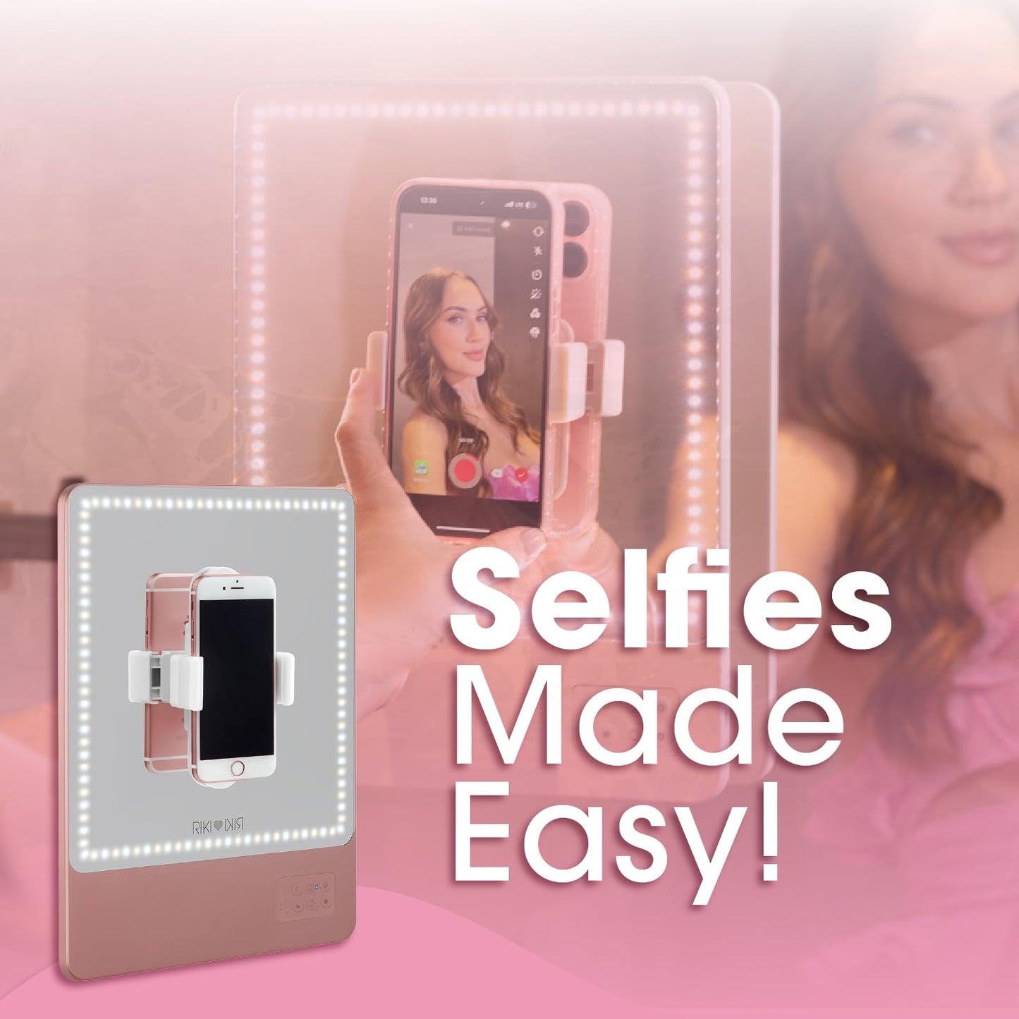 RIKI LOVES RIKI Skinny Lighted Vanity Mirror – Rechargeable Makeup Mirror with Adjustable Warm & Cool Lighting, 10X Magnifying Mirror, Phone Holder, Bluetooth Selfie, Portable Travel Mirror