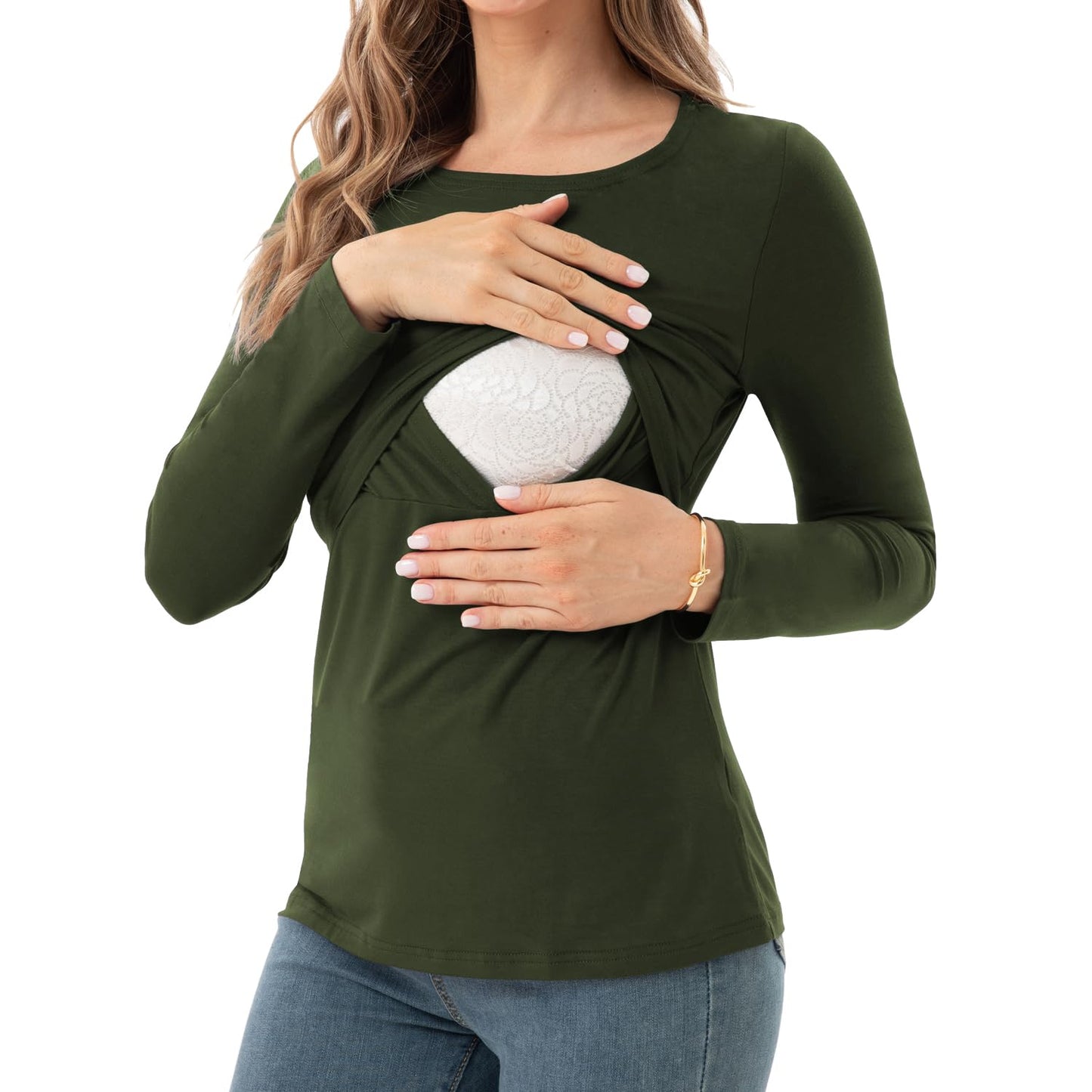 Bearsland Women's Nursing Shirt Long Sleeve Round Neck Breastfeeding Top, Black & Army Green & White Stripes, L