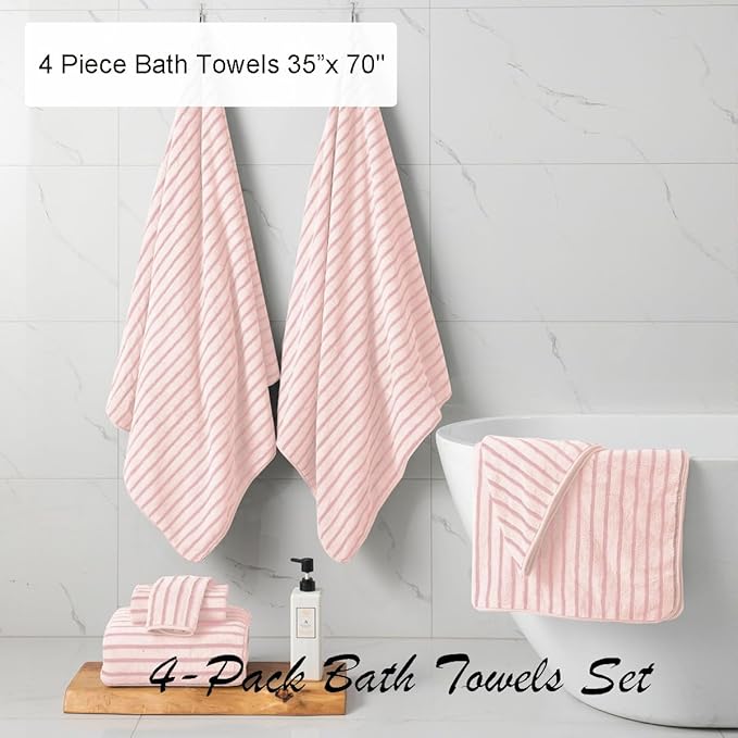 4 Piece Pink Cabana Stripe Large Bath Towels 35"x70" Oversized Bath Sheet Super