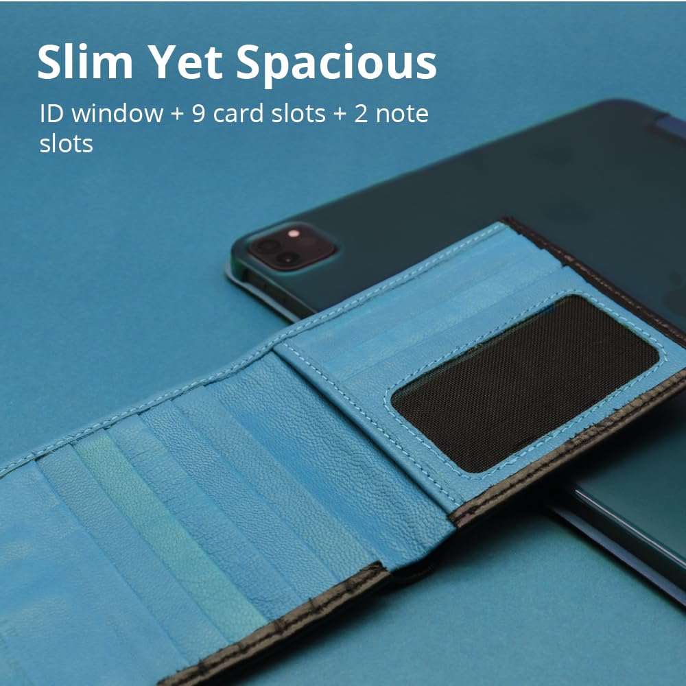 PELLE TORO Handmade Super Slim Men's Wallet, Handmade with Napa Leather, RFID Blocking Wallet, 9 Card Slots & ID Window (Charcoal Black & Aqua Blue)
