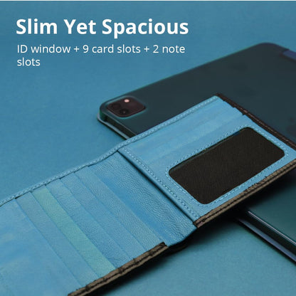 PELLE TORO Handmade Super Slim Men's Wallet, Handmade with Napa Leather, RFID Blocking Wallet, 9 Card Slots & ID Window (Charcoal Black & Aqua Blue)