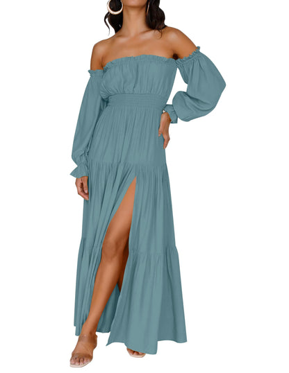 ZESICA Women's 2025 Boho Sexy Off Shoulder Long Sleeve Smocked High Waist Side Split Flowy A Line Tiered Long Maxi Dress