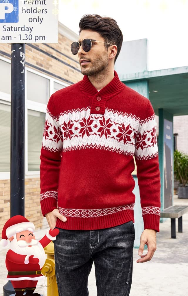 COOFANDY Mens Ugly Christmas Sweater V-Neck Pullover Casual Fair Isle Sweater Red L