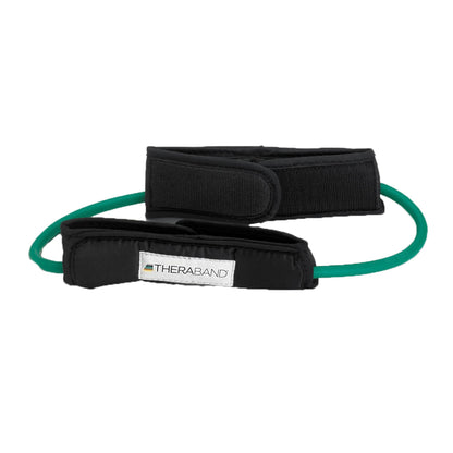 THERABAND Resistance Tubes, Professional Latex Elastic Tubing For Physical Therapy, Lower Pilates, At-Home Workouts, & Rehab, 12 Inch With Padded Cuffs, Green, Heavy, Level 3