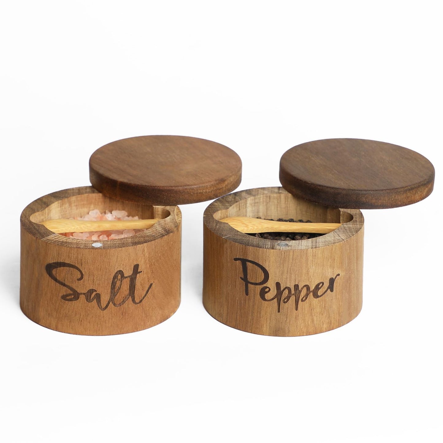 Acacia Wood Spice Box with Swivel Cover for Kitchen Countertop,Salt Keeper with Built-in Spoon,Modern Farmhouse Kitchen Decoror for Storing Seasonings (Labeled Salt & Pepper)