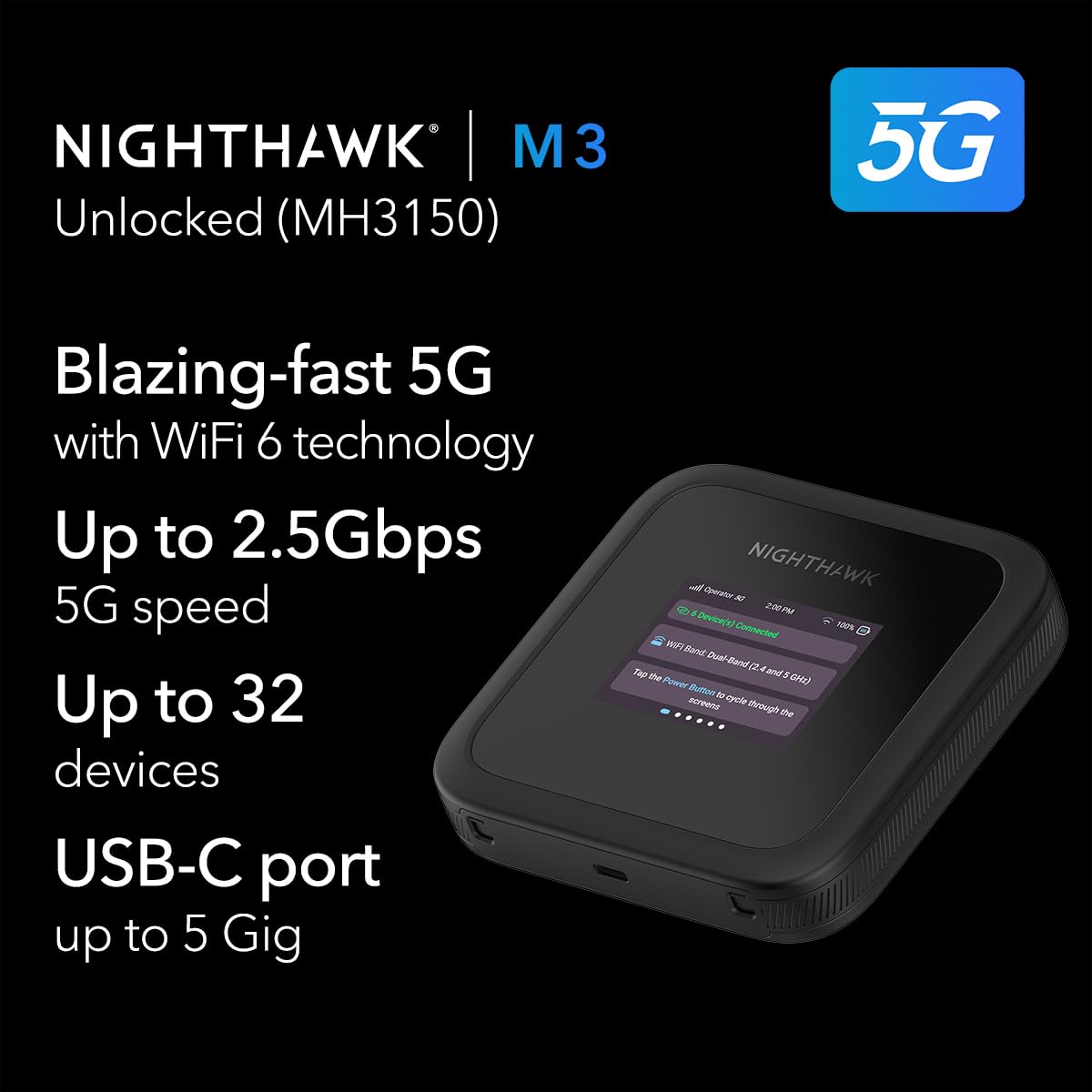 NETGEAR Nighthawk M3 – 5G Mobile Router with WiFi 6, up to 2.5Gbps - Sim Slot Unlocked - Portable WiFi Hotspot for Personal/Business - 5G & 4G MiFi - AX3600 WiFi 6, up to 32 Devices (MH3150)