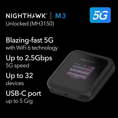 NETGEAR Nighthawk M3 – 5G Mobile Router with WiFi 6, up to 2.5Gbps - Sim Slot Unlocked - Portable WiFi Hotspot for Personal/Business - 5G & 4G MiFi - AX3600 WiFi 6, up to 32 Devices (MH3150)