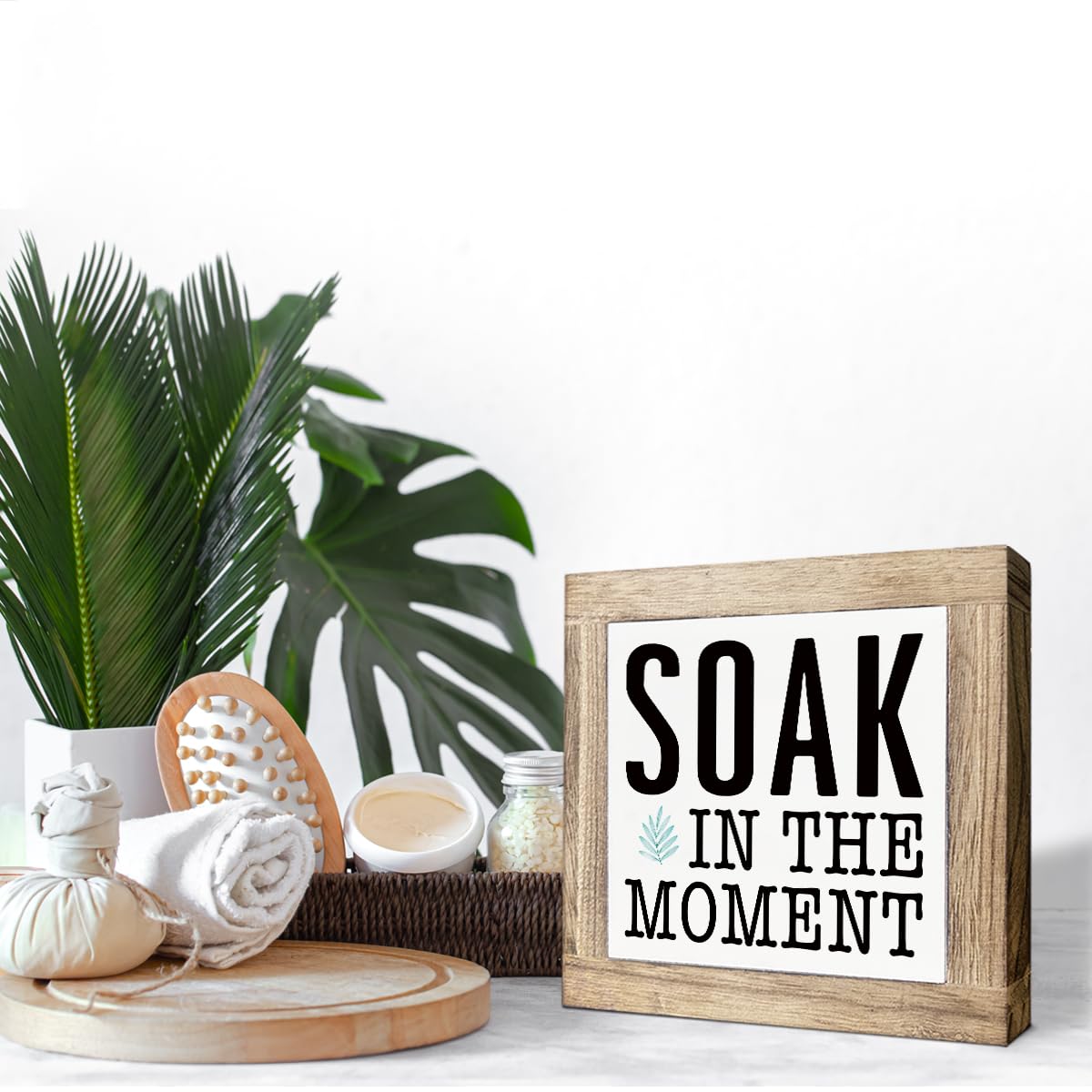 Bath Decoration, Soak in the Moment Sign, Relaxing Bathroom Decor, Decorative Wooden Block Plaque Sign, Farmhouse Home Decors, Desk Decor Art, Housewarming Gift, 5.9X5.9X0.7inches