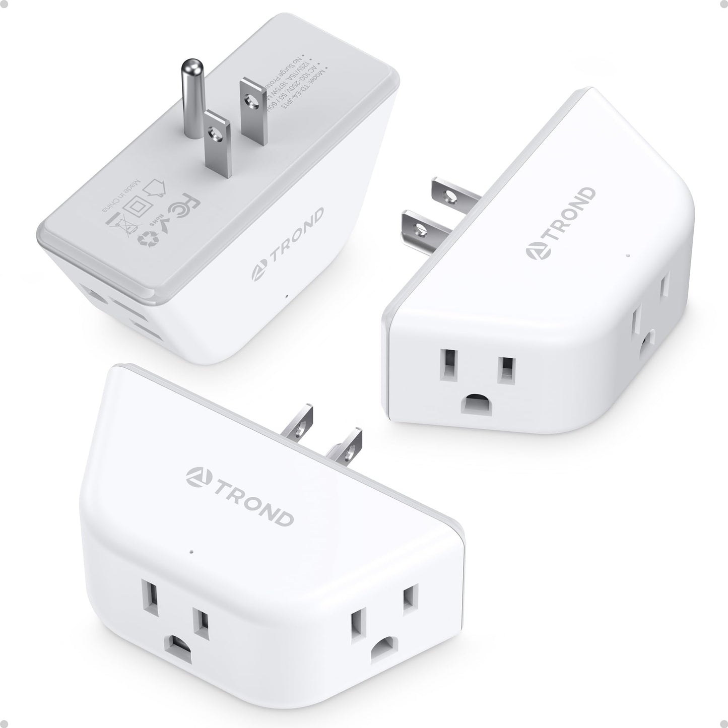 TROND Multi Plug Outlet Extender 2 Pack - Electrical Wall Splitter, 3 Way Angled Wall Outlet Adapter, Cruise Essentials, Small Multiple Plug Expander for Cruise Ship Home Office Dorm Room, White