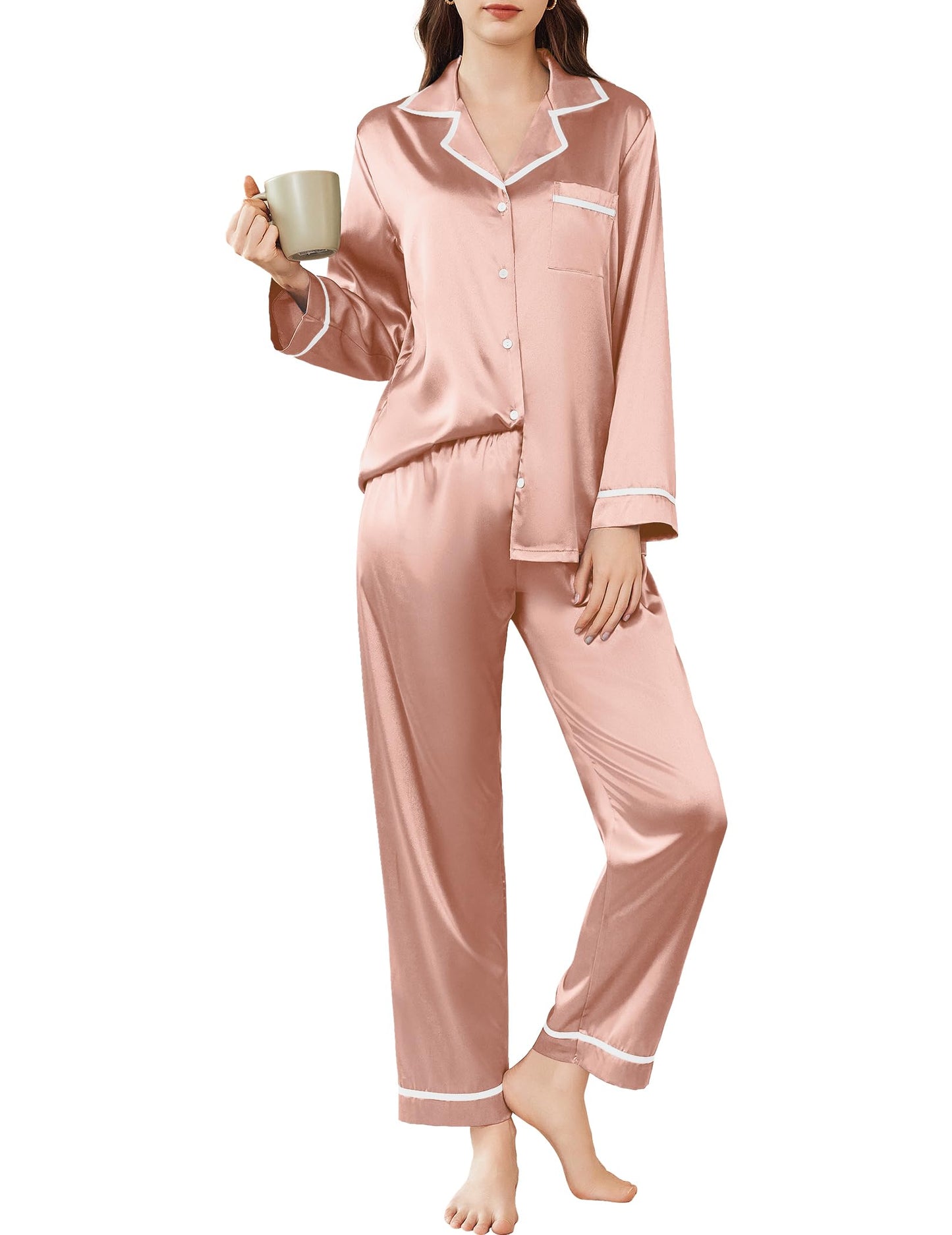 Ekouaer Satin Pajamas Set for Women Long Sleeve Pants Pj 2 Piece Lounge Set