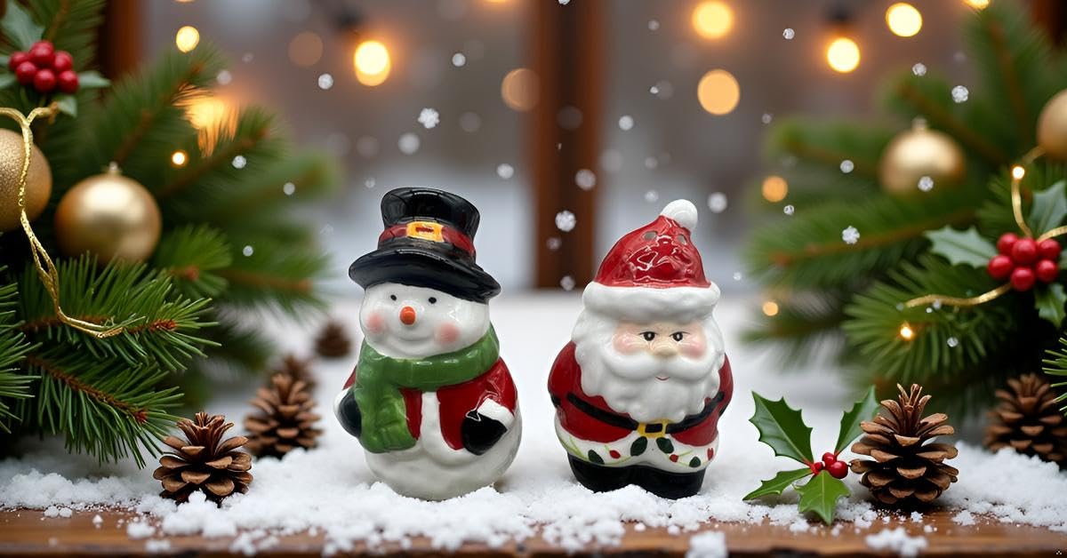 Christmas Elements Salt and Pepper Shakers Small and Cute Ceramic Salt Shaker & Pepper Container Set with Design Unique Fun Kitchen Decor Spice Dispenser Seasoning Snowman and Santa Claus Set of 2 (A)