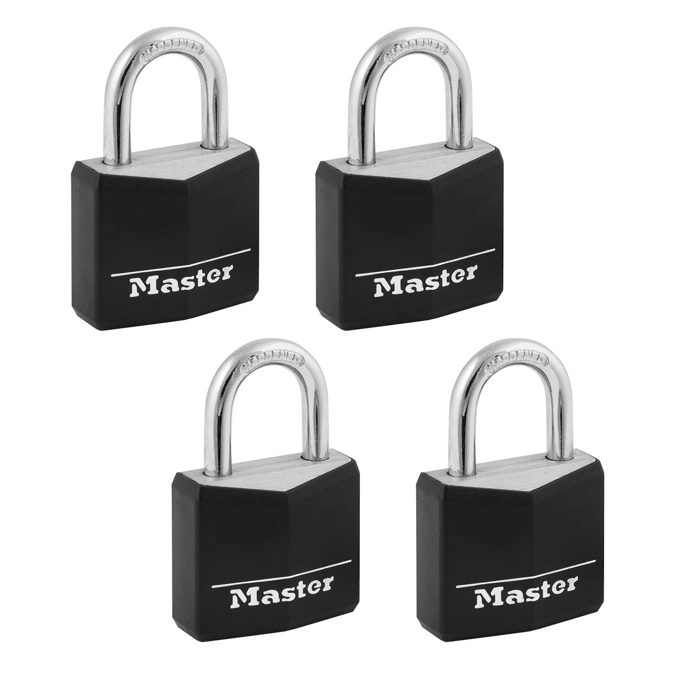 Master Lock Black Outdoor Key Lock, Standard Weather Resistant Padlock with Cover, Keyed Alike Padlocks for Lockers, Fences, Sheds, or Other Equipment, 4 Pack, 131Q