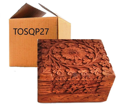 TOSQP27 Gift Jewelry Box Rosewood Hand-Carved Novelty Unique Trinket Case Jewellery – 4 Inch Wooden Travel Jewel Organizer Brass Inlay Velvet – Keepsake Birthday Aniversary Gifts for Women, Girls, Mom