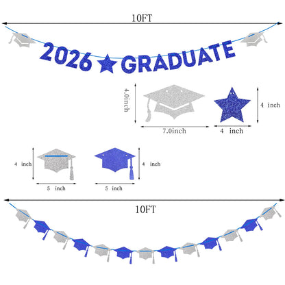 Navy-Blue White-Silver Party-Decoration Graduation Banner - 8pcs Kits Cap Garland Streamers, Paper Tissue Pom Poms Flowers, 2026 Craduate Banner Congratulations Grad Decor Lasting Surprise