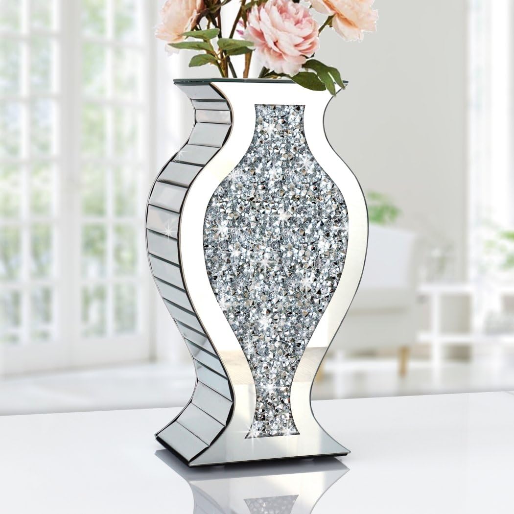 Crushed Diamond Mirrored Vase 15" S-Curve Silver Sparkle Decor Centerpiece