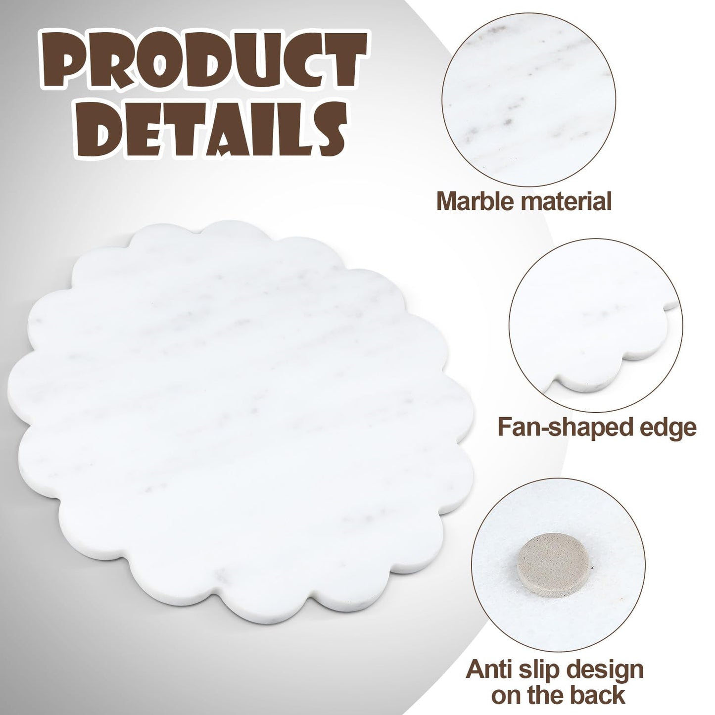 Newtay 12 Inches Marble Cutting Board Round Marble Tray White Scalloped Board with Non Slip Decorative Pastry Tray for Kitchen Pizza Cake Bread Baking Cheese Display