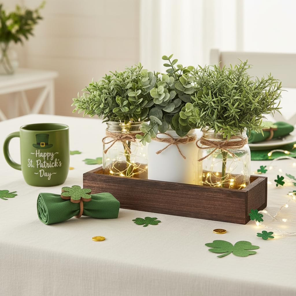 Mkono Mason Jar Lights Table Centerpiece for Dining Room Fake Eucalyptus Plants Christmas Table Decor for Kitchen Coffee Table Living Room Bathroom