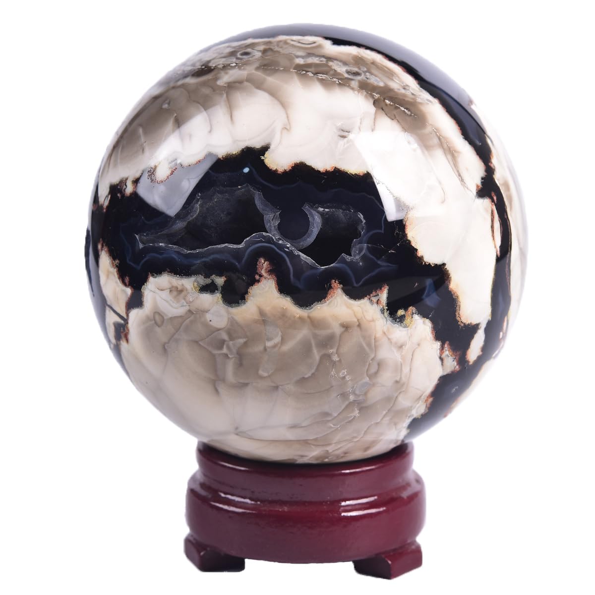 JIC Gem 3.1-3.5 inch(80-90mm) Large Volcanic Agate Crystal Sphere Quartz Crystal Ball with Stand Healing Ornament Witchcraft Meditation Decor