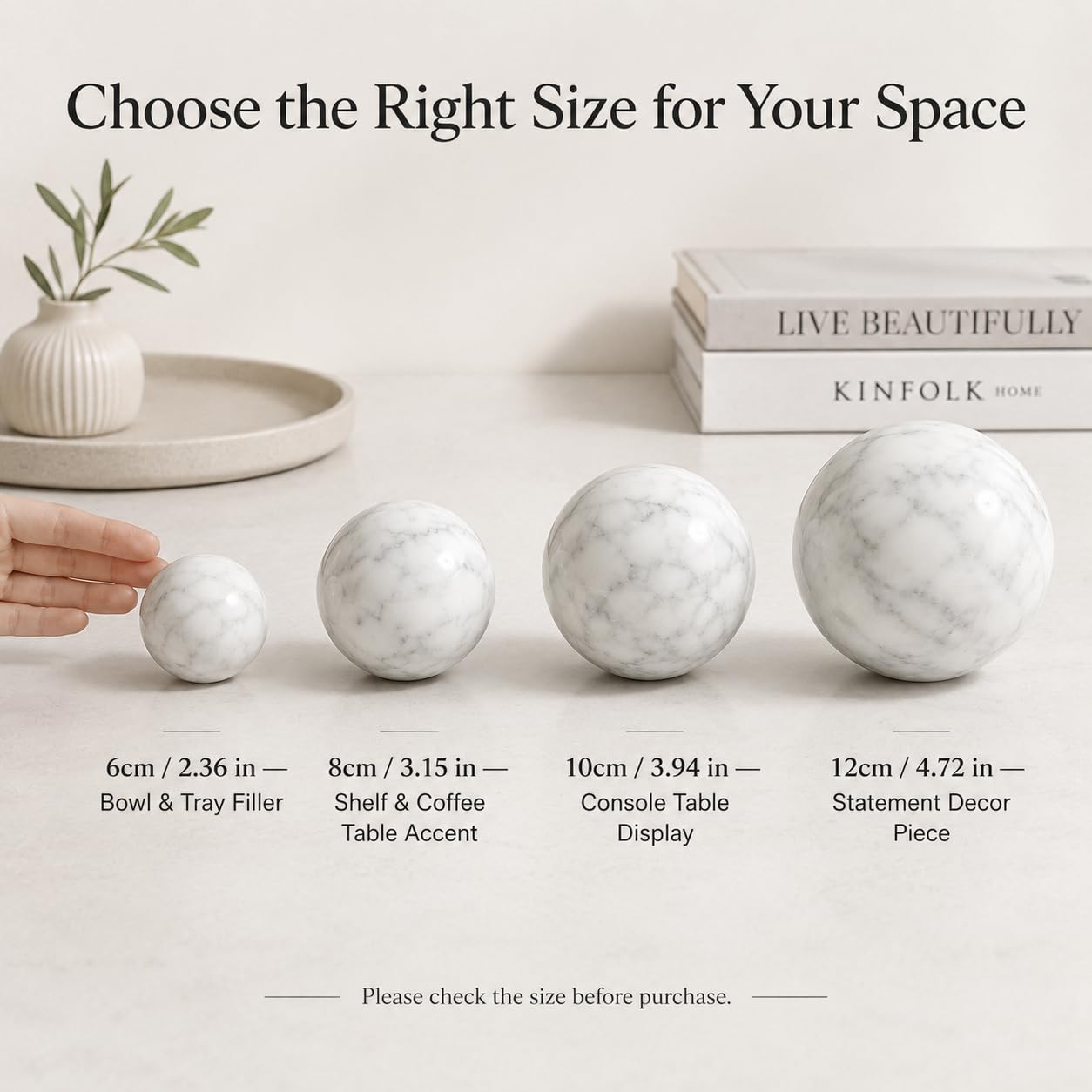 SIRIZEN-DIVING White Marble Decorative Sphere, 8cm Natural Stone Orb