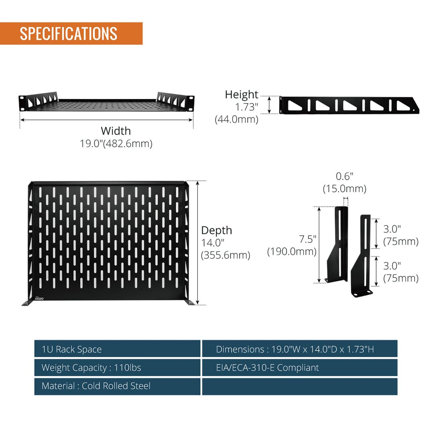 Tecmojo 1U Rack Shelf,19 inch Rack Shelf 14 inch Depth,Rack Mount Shelf with Anti-Slip Stops,Server Rack Shelf and Network Shelf for 19in Equipments, 110lbs Capacity of Vented 1U Shelf,No Lip(2 Pack)