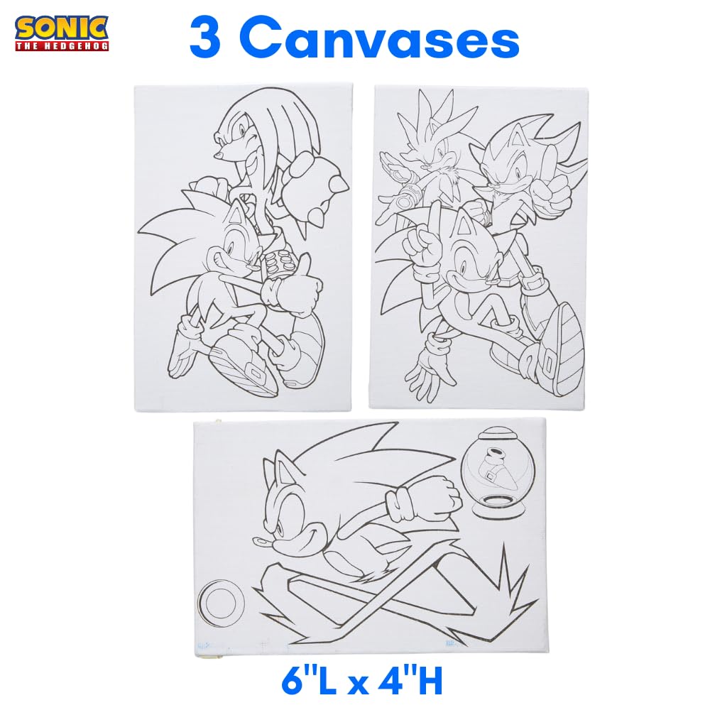 Innovative Designs Sonic The Hedgehog Canvas Paint Set for Kids with 3 Canvases, Acrylic Paint, Paintbrush, & Easel