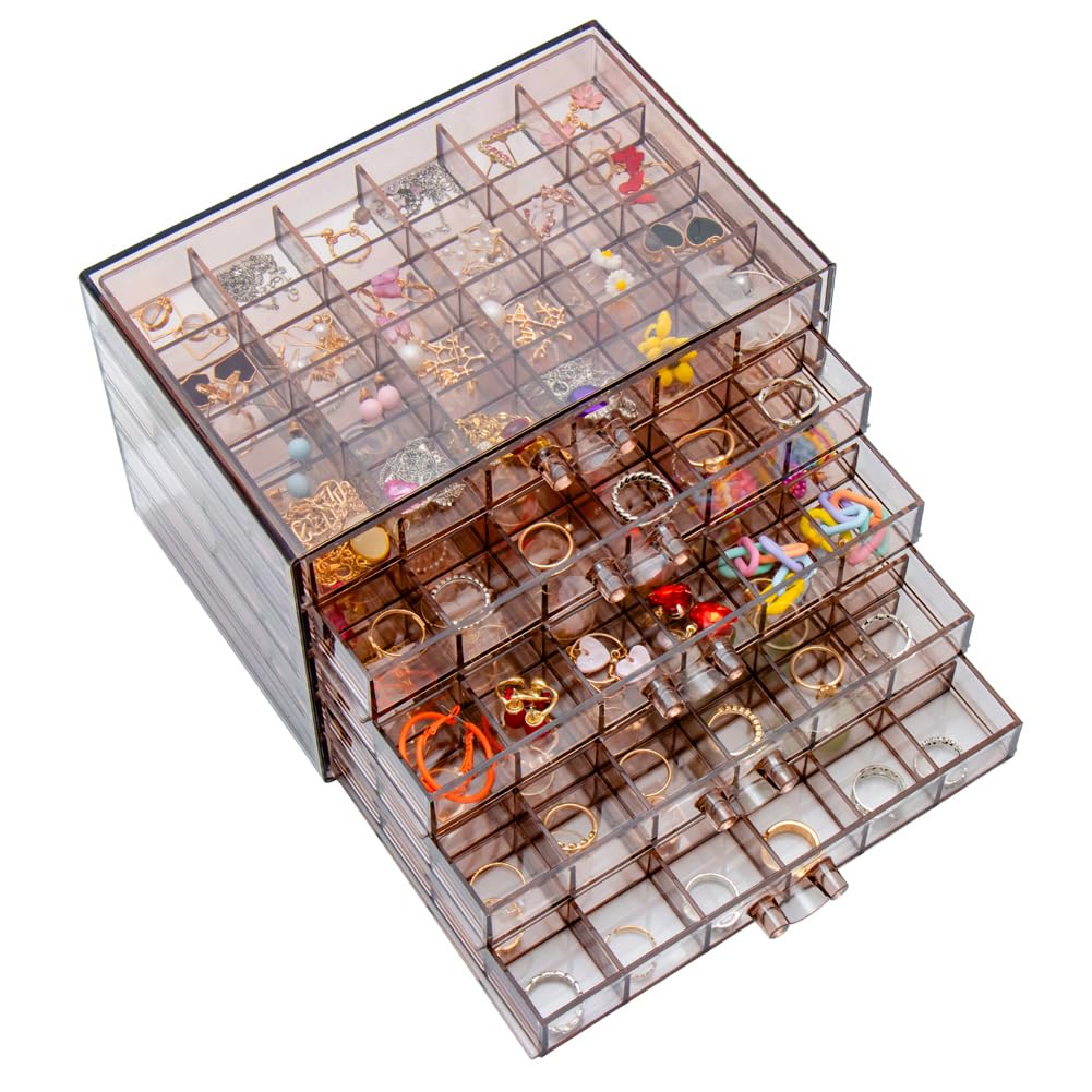 YUFONG Earring Storage Box Organizer, Acrylic Jewelry Storage Box Holder 5 Drawers Transparent Jewelry Display Stand with 120 Small Compartments Gift Boxes for Women Girls (Clear Purple Brown)