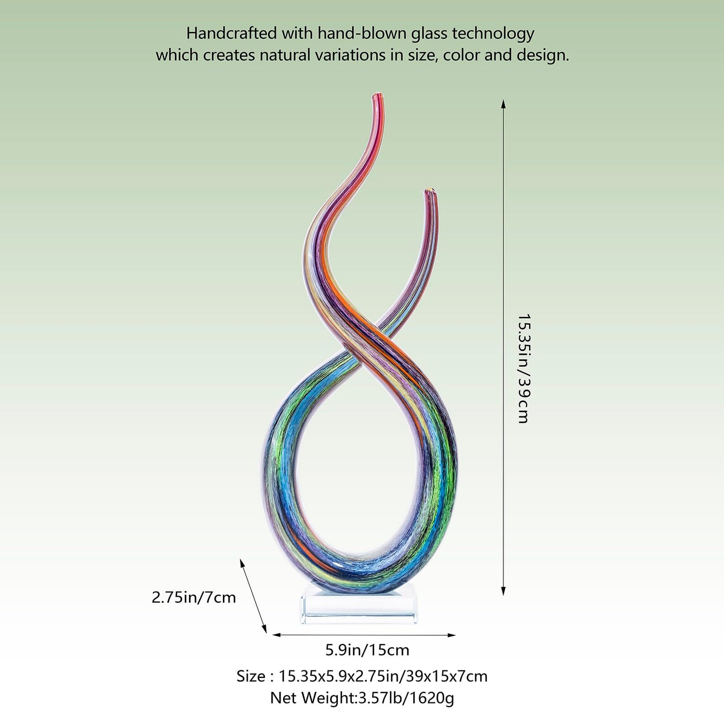 LLAVVD Hand Blown Murano Style Glass Sculpture, 14" Double Spiral Infinity Music Note Figurine Collectible, Modern Abstract Home Decor for Living Room Office Aquarium, Unique Gift for Art Lovers