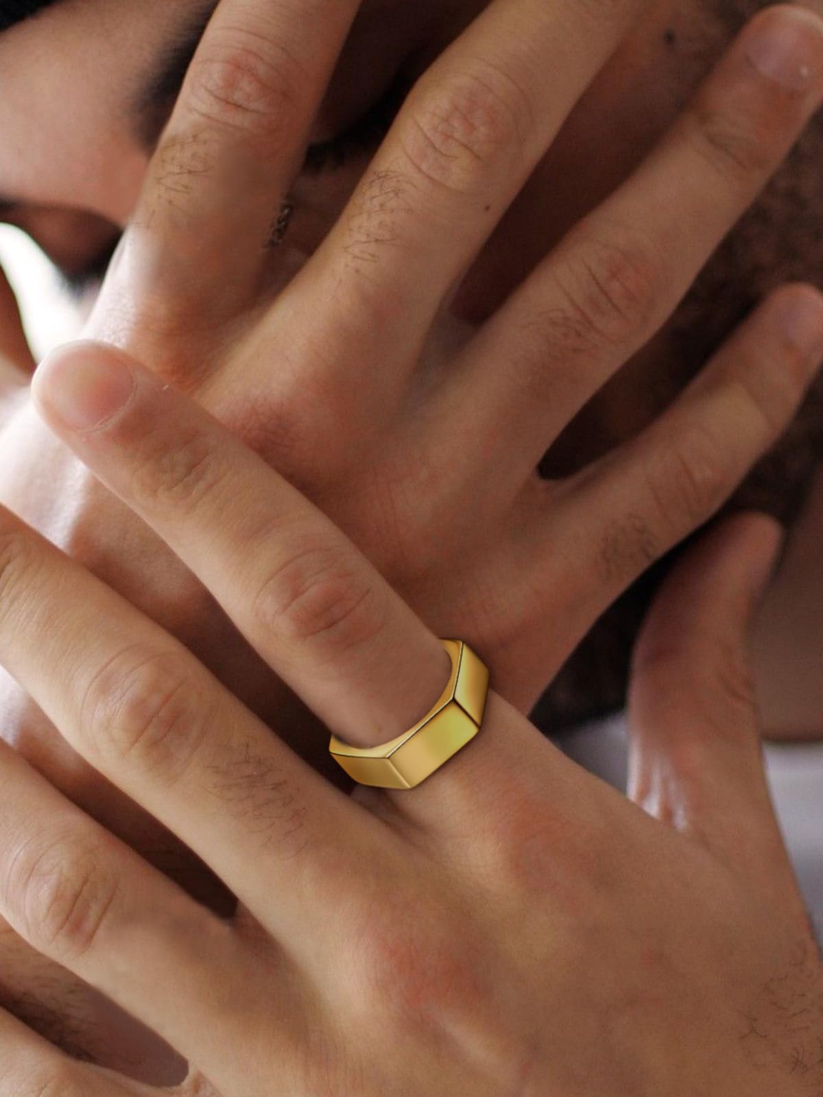 ChainsHouse Personalize Simple Band Rings 18K Gold Plated Geometric Hexagon Biker Ring for Men Women, Size 9