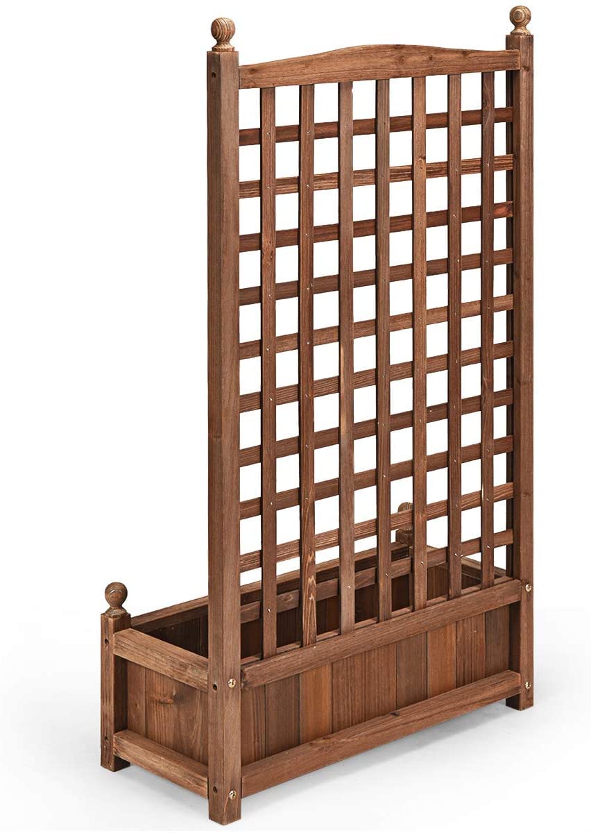 GRAFFY Wood Planter Raised Bed with Trellis, Outdoor Raised Garden Bed, Planter Box for Climbing Plants w/Drainage Holes, Free-Standing Raised Planter for Patio Garden Yard