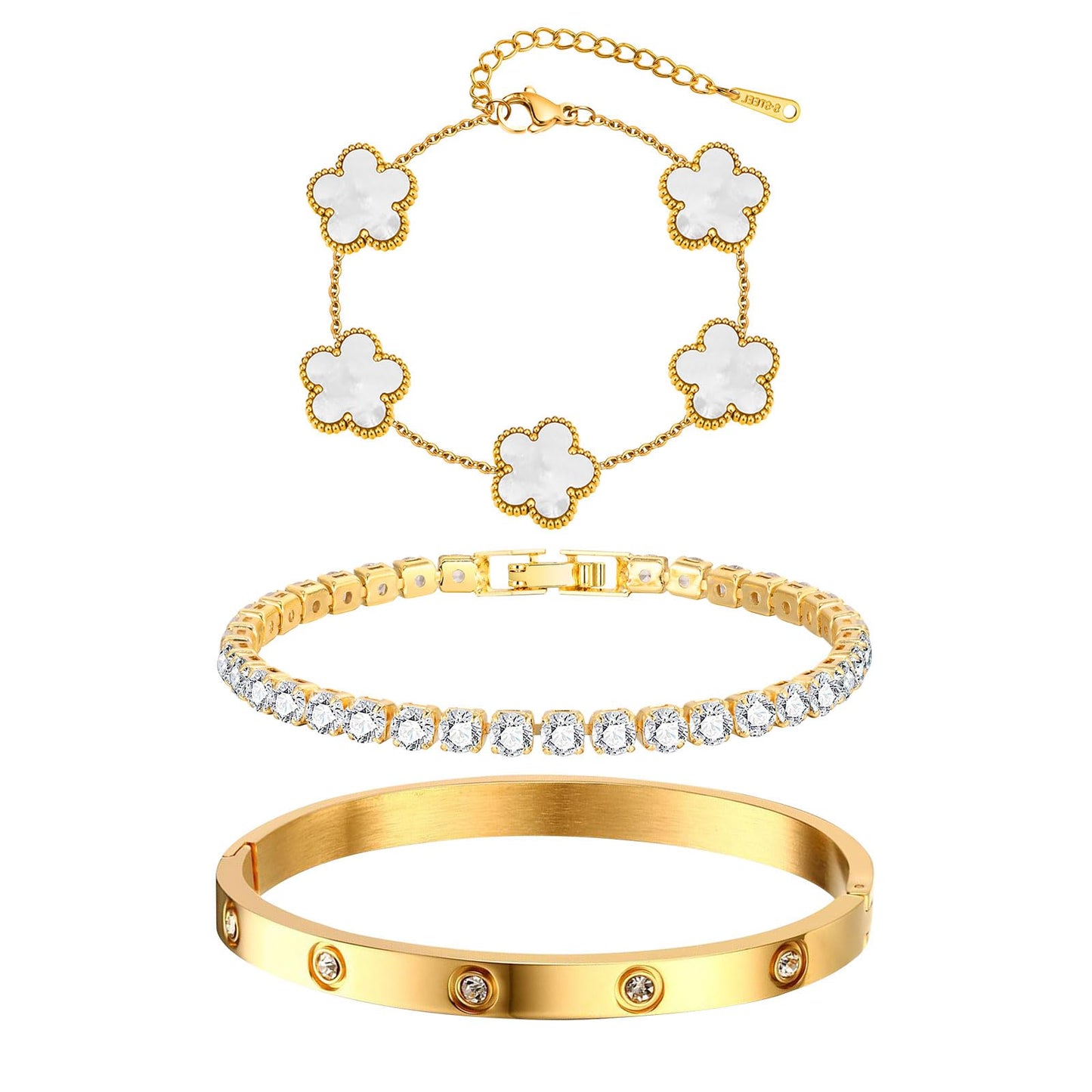 MPRAINBOW 18K Gold Plated Stainless Steel Womens Stackable Floral Bracelet Set, Bangle Chain Non Tarnish, Trendy Jewelry Gifts for Girlfriend, Christmas, Valentines, Birthday, White, 3Pcs