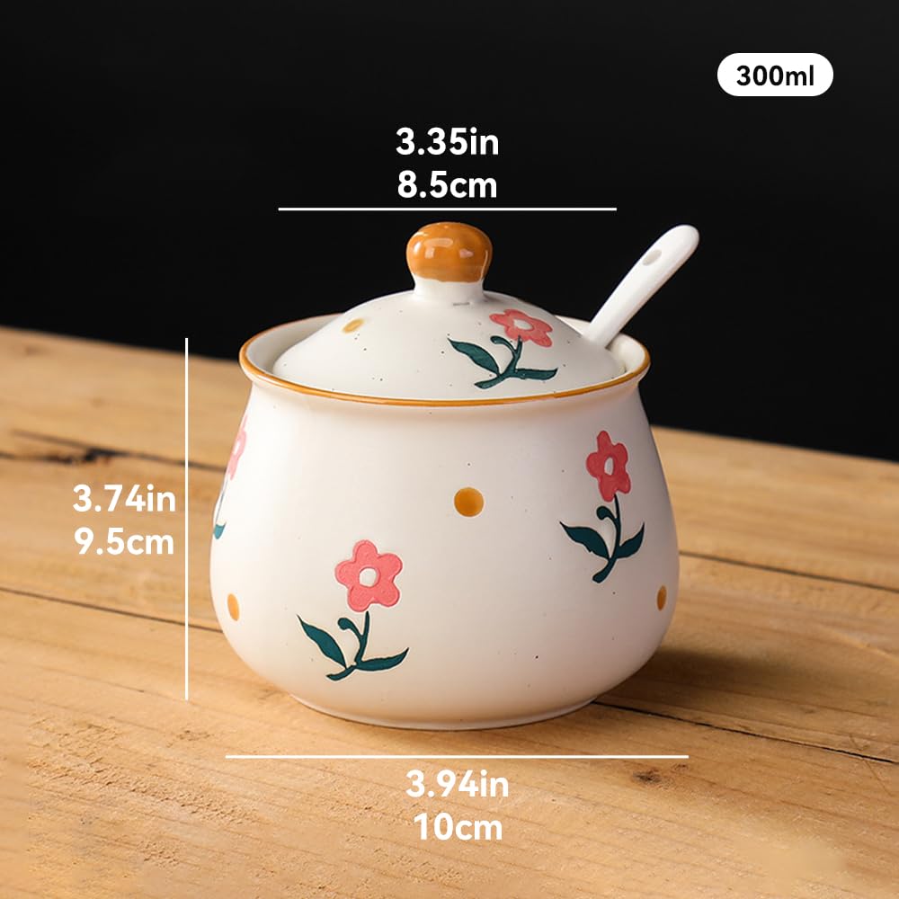 Lifenanny Sugar Bowl with Lid and Spoon, 300ml Floral Ceramic Condiment Jars Pots 10 OZ Spice Container Seasoning Canisters Box for Kitchen Coffee Bar, Yellow Flower