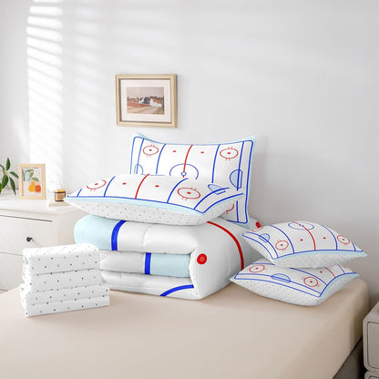 Erosebridal Ice Hockey Bedding Set Twin 7 Piece Winter Sports Game Comforter Sets Puck Design Bed in A Bag with Sheets Soft Breathable Microfiber Bed Set for Kids Boys Teens Child Room
