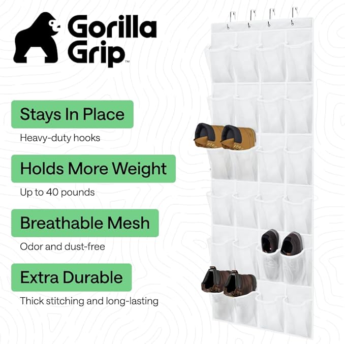 GORILLA GRIP Over the Door Shoe Organizer, 24 Extra Large Breathable Mesh