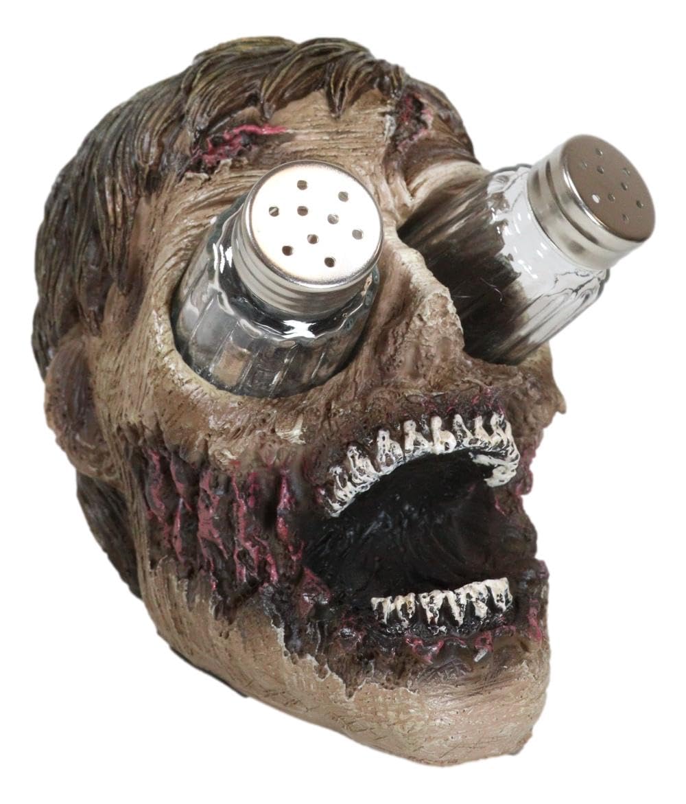 Ebros Walking Undead Gory Eyeless Zombie Head Salt And Pepper Shakers Holder Figurine Set With Glass Shakers 5.5"H Scary Decor Statue